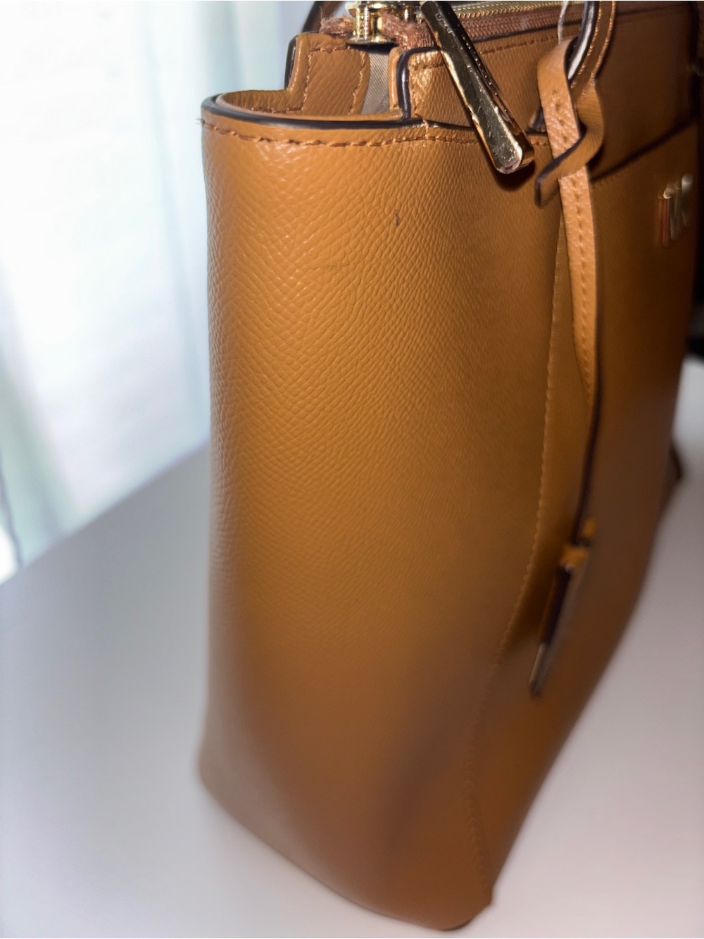 Michael Kors Cognac Saffiano Leather Tote with Logo Zip Pouch and Fur Pom - Picture 7 of 15